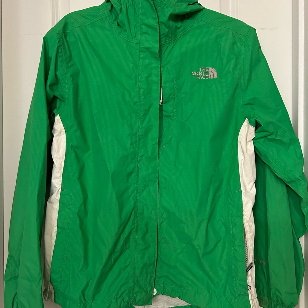 North Face green and white hooded rain jacket